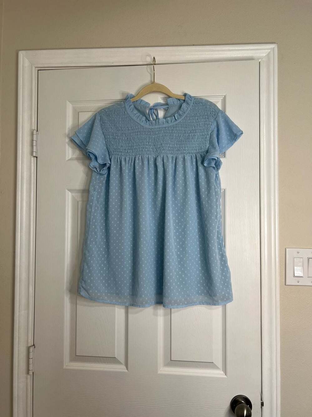 Light Blue Swiss Dot Smocked Ruffle Neck Blouse with Tie Back, Size M